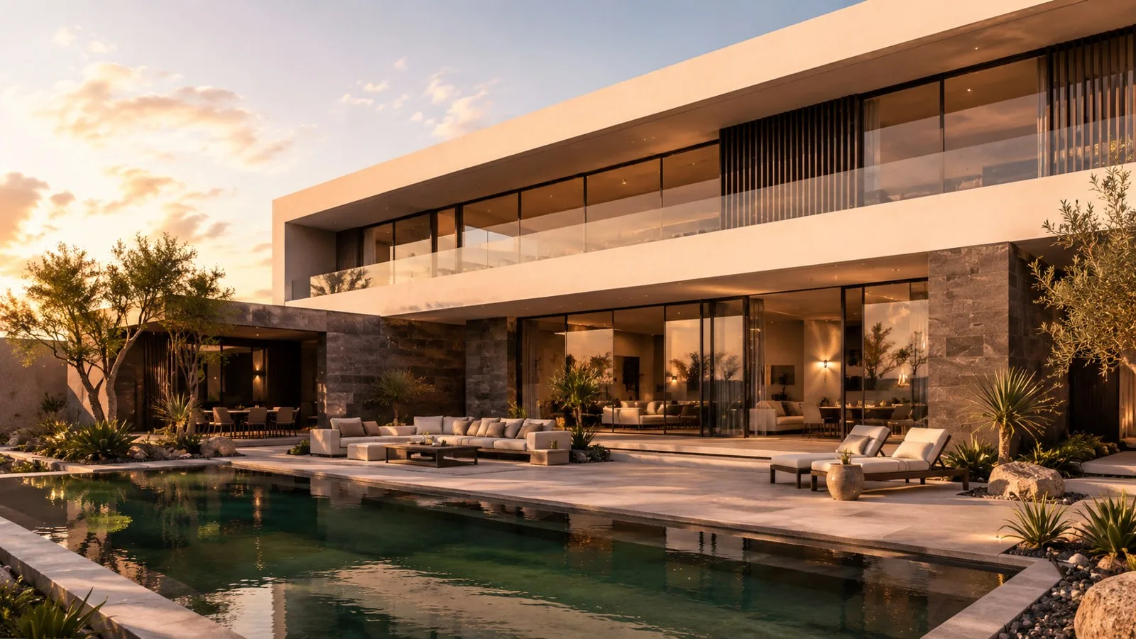 Architecture SteelNest — terrasse et bassin au lever du jour