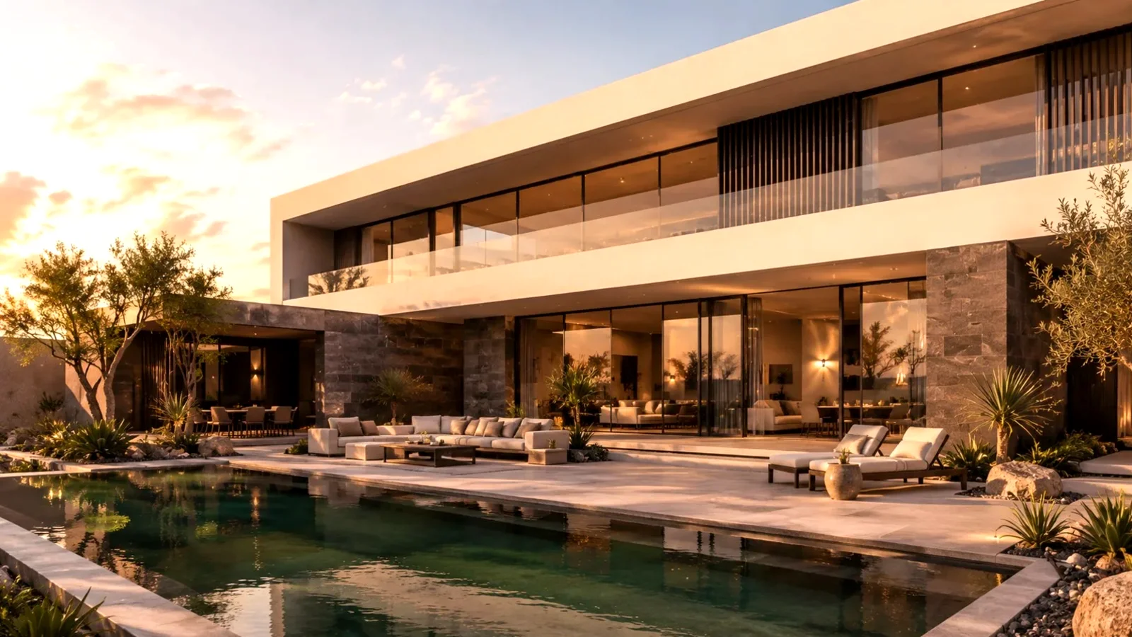 Architecture SteelNest — terrasse et bassin au lever du jour