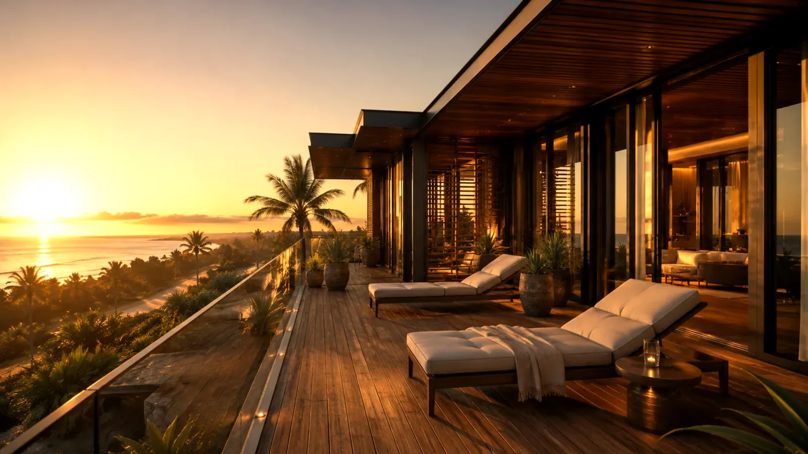 Terrasse d'un lodge modulaire face à l'océan au coucher du soleil