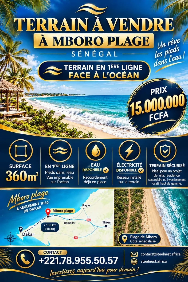 Affiche - Terrain a vendre a Mboro Plage, 360 m2 en premiere ligne face a l'ocean, 15 000 000 FCFA