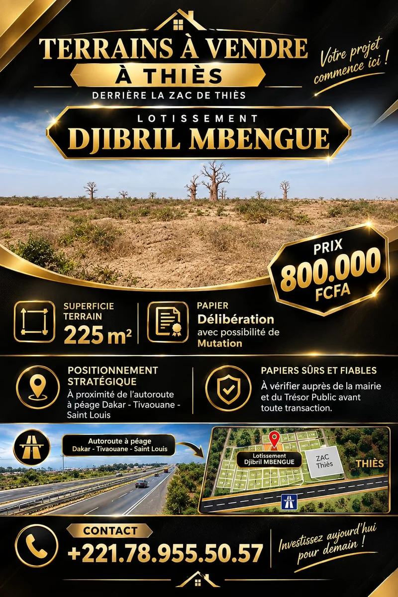 Affiche - Terrains a vendre a Thies, lotissement Djibril Mbengue, 225 m2 a 800 000 FCFA